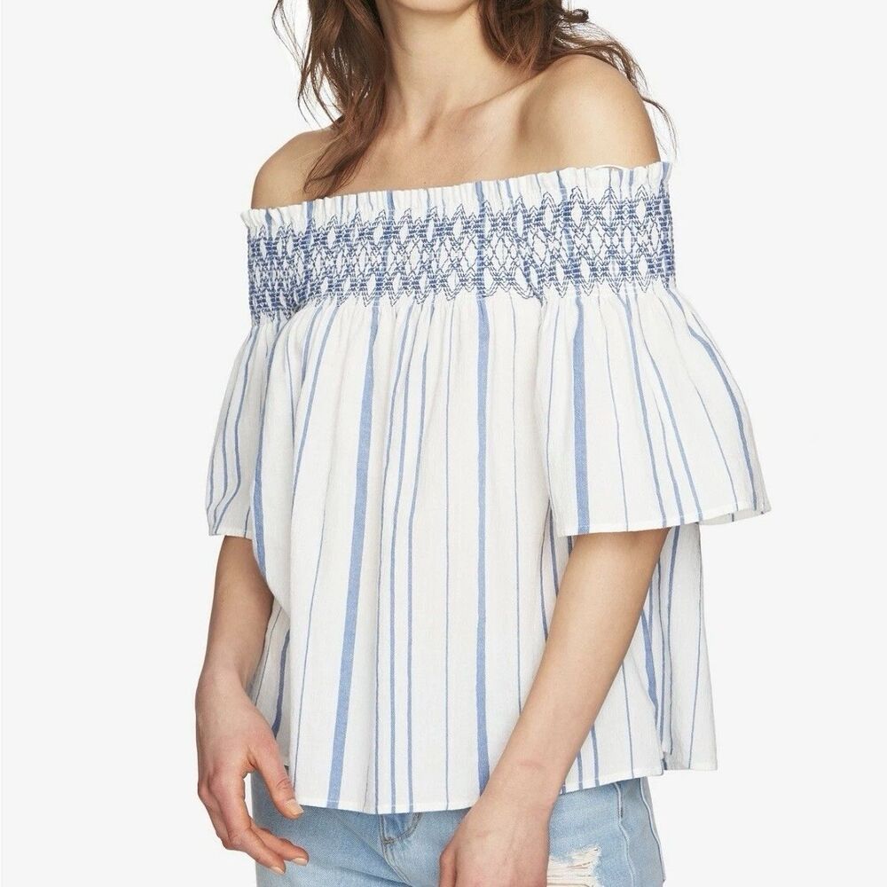 1. State Women'S Blue White Striped Off Shoulder Embroidered Blouse Size M $125